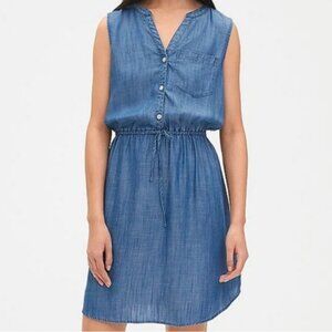 GAP Women's Tencel Sleeveless Indigo Tie-Waist Bib Front Shirt Dress ~ Small/NWT
